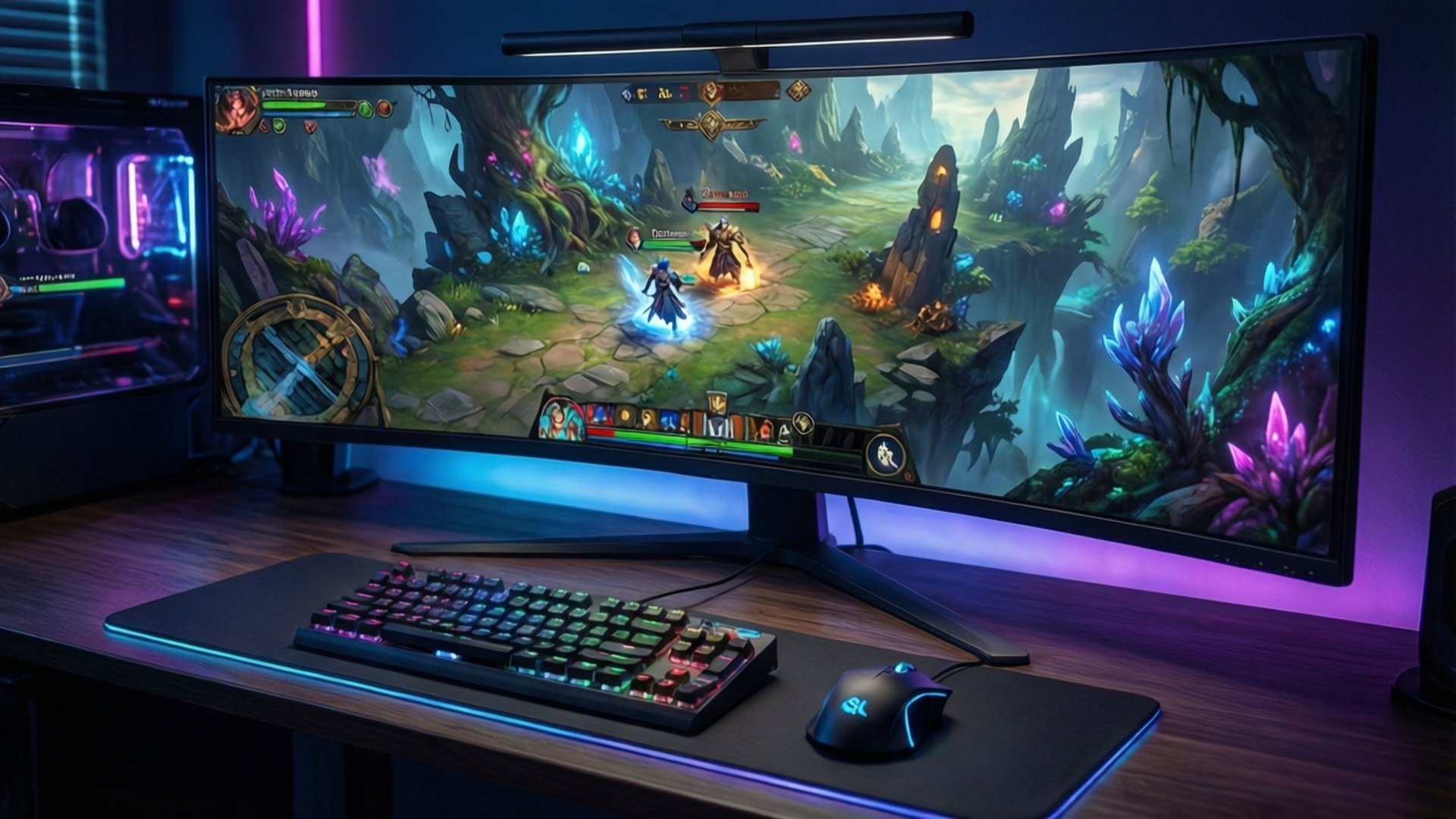 Ultimate Gaming Setup 壁紙 — 曲面電競顯示器顯示一款奇幻MOBA遊戲，發光水晶和角色在神秘森林中戰鬥。