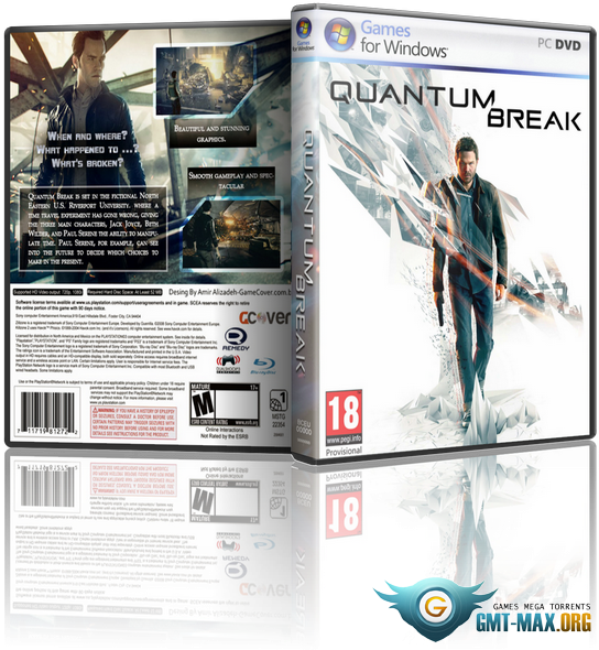 極速快感 回報 桌布 壁紙 — Quantum Break 的電子遊戲盒，一名身穿深色外套的男子在破碎玻璃背景下手持發光武器。