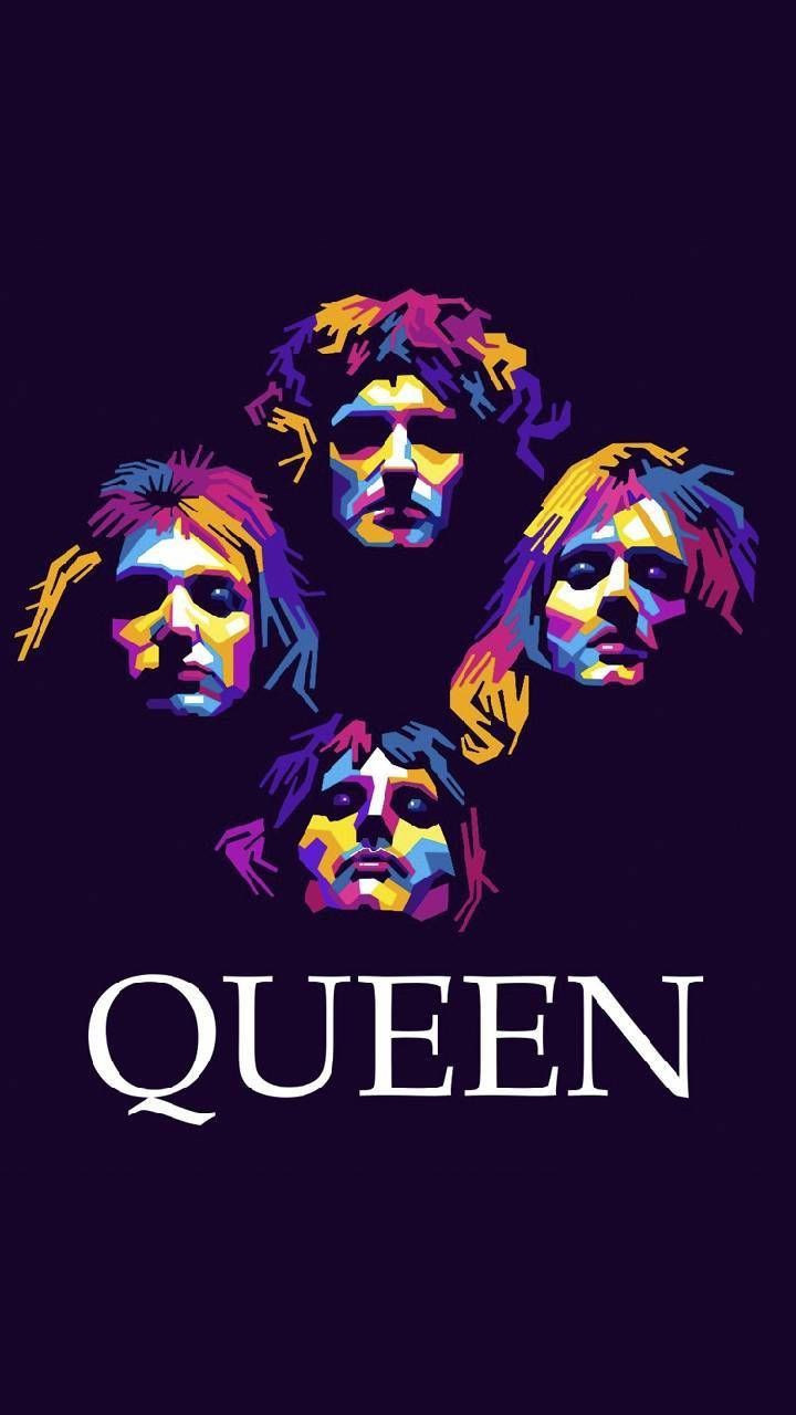 女王 桌布 壁紙 — Queen 樂團成員的鮮明風格化肖像以圓形排列在深紫色背景上，下方有粗體白色文字。