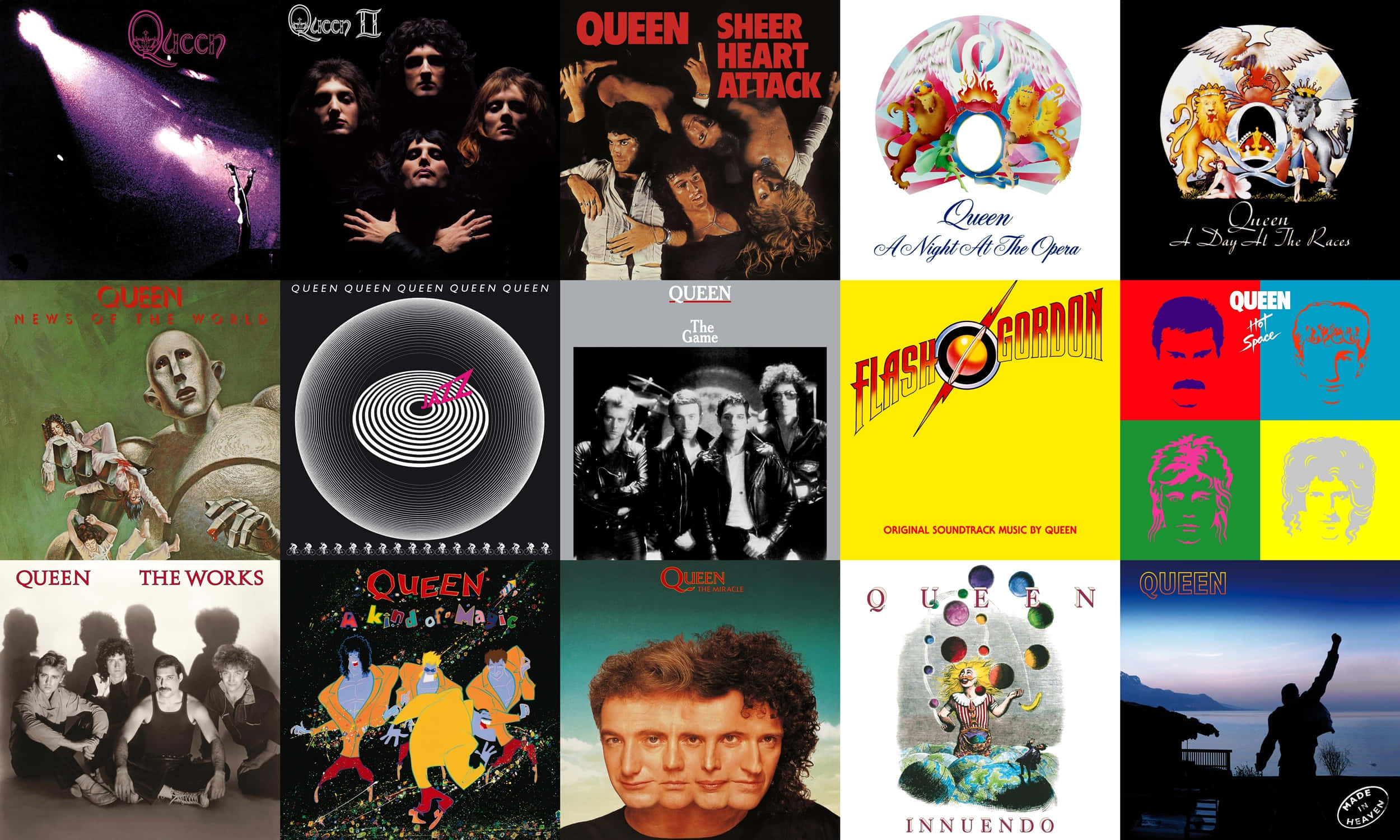 album 桌布 壁紙 — Queen 標誌性專輯封面的拼貼畫，展現大膽色彩、超現實圖像以及各種藝術風格的樂隊肖像。
