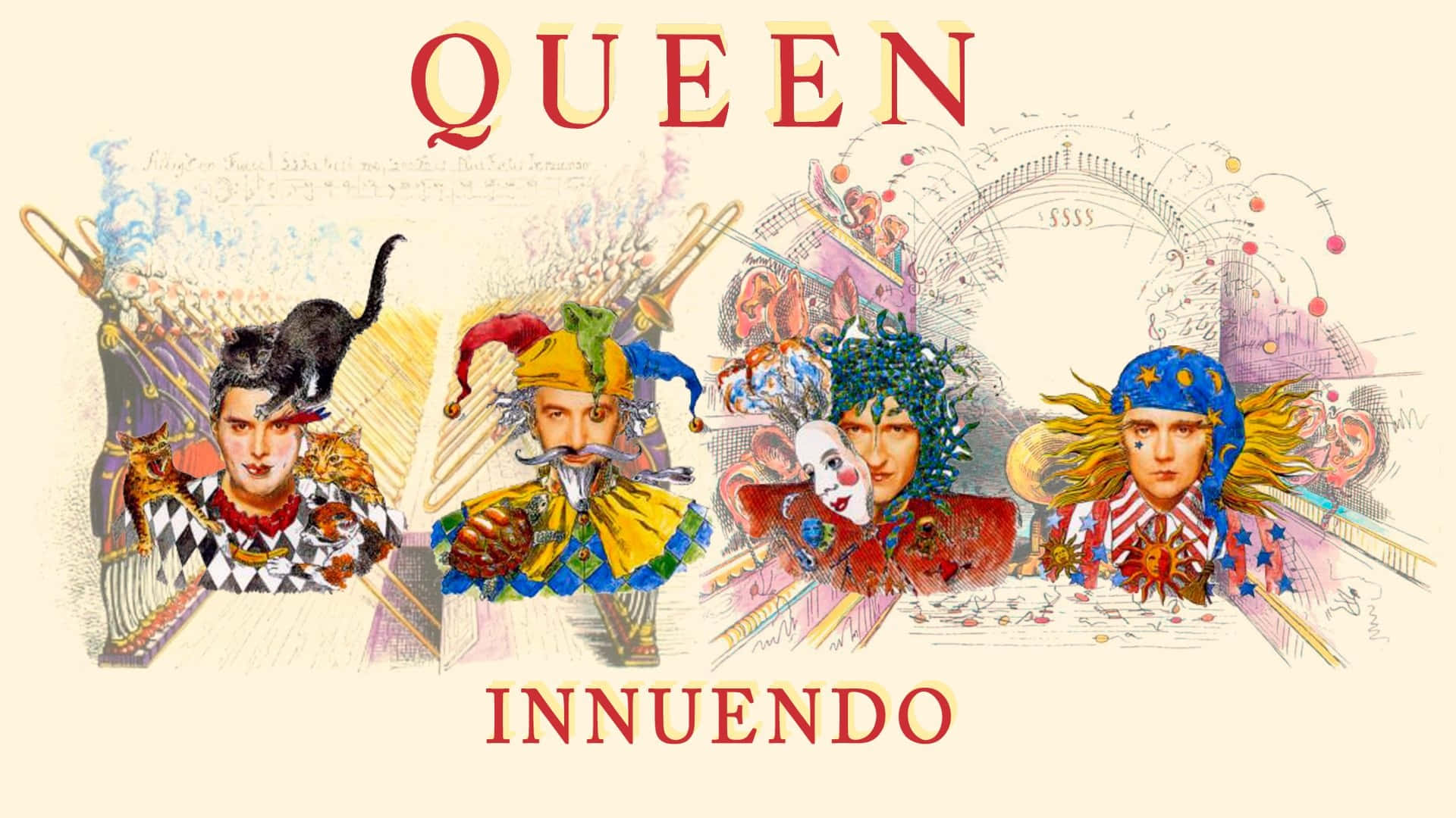 女王 桌布 壁紙 — Queen 的《Innuendo》專輯封面，生動描繪了四位樂團成員穿著華麗的戲劇服裝，背景奇幻而超現實。