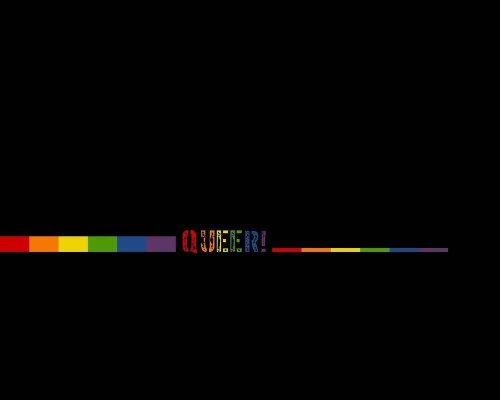 彩虹 桌布 壁紙 — 「queer」一詞以彩虹字母居中顯示在黑色背景上，左右兩側延伸出彩虹條紋。
