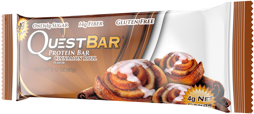肉桂捲 桌布 壁紙 — Quest Bar 蛋白棒包裝，肉桂卷口味，帶有糖霜漩渦和肉桂棒，背景為棕色和白色。
