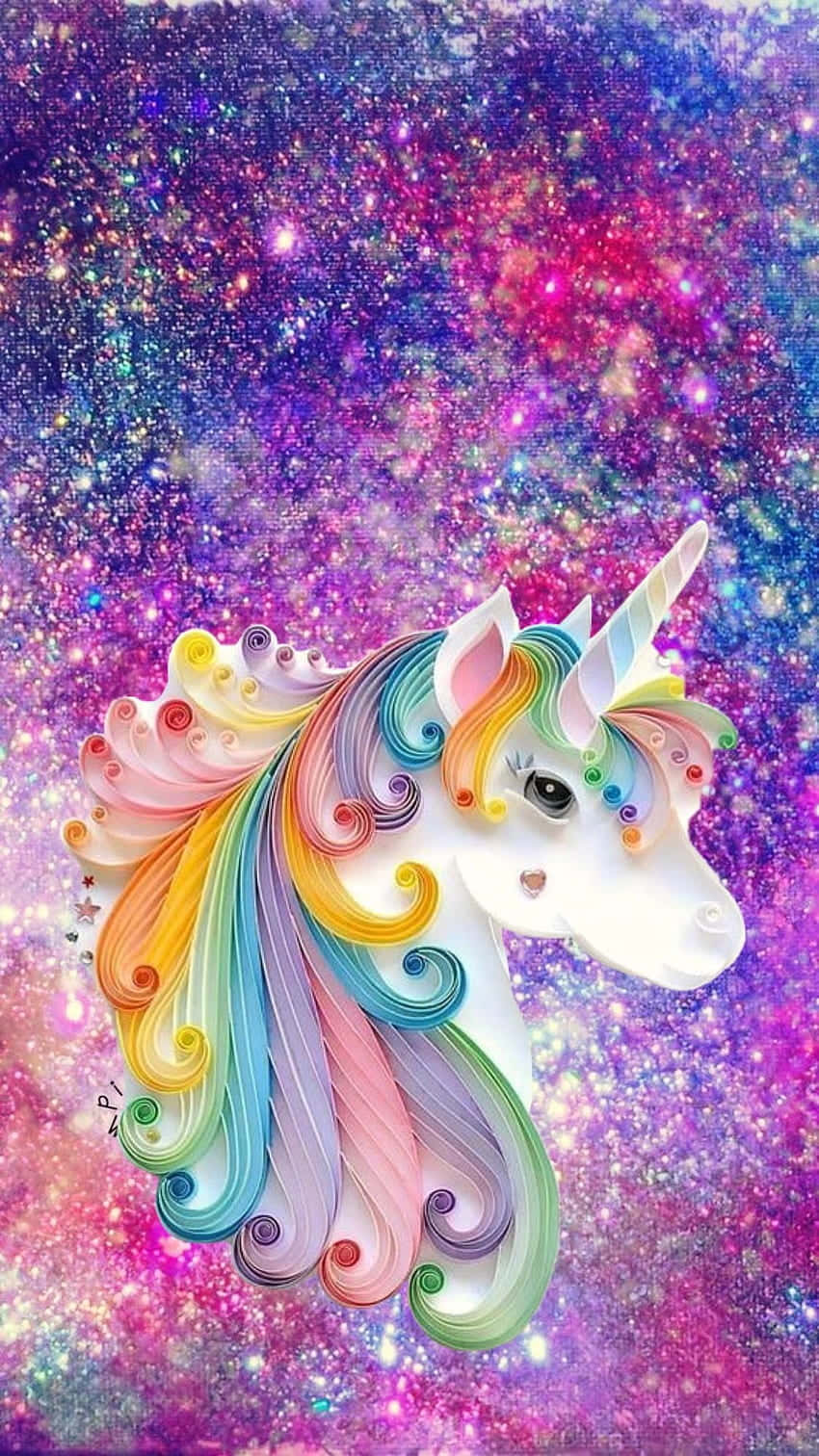  壁紙 — 一隻帶有彩虹鬃毛的紙藝捲紙獨角獸，漂浮在閃爍的宇宙銀河背景上。