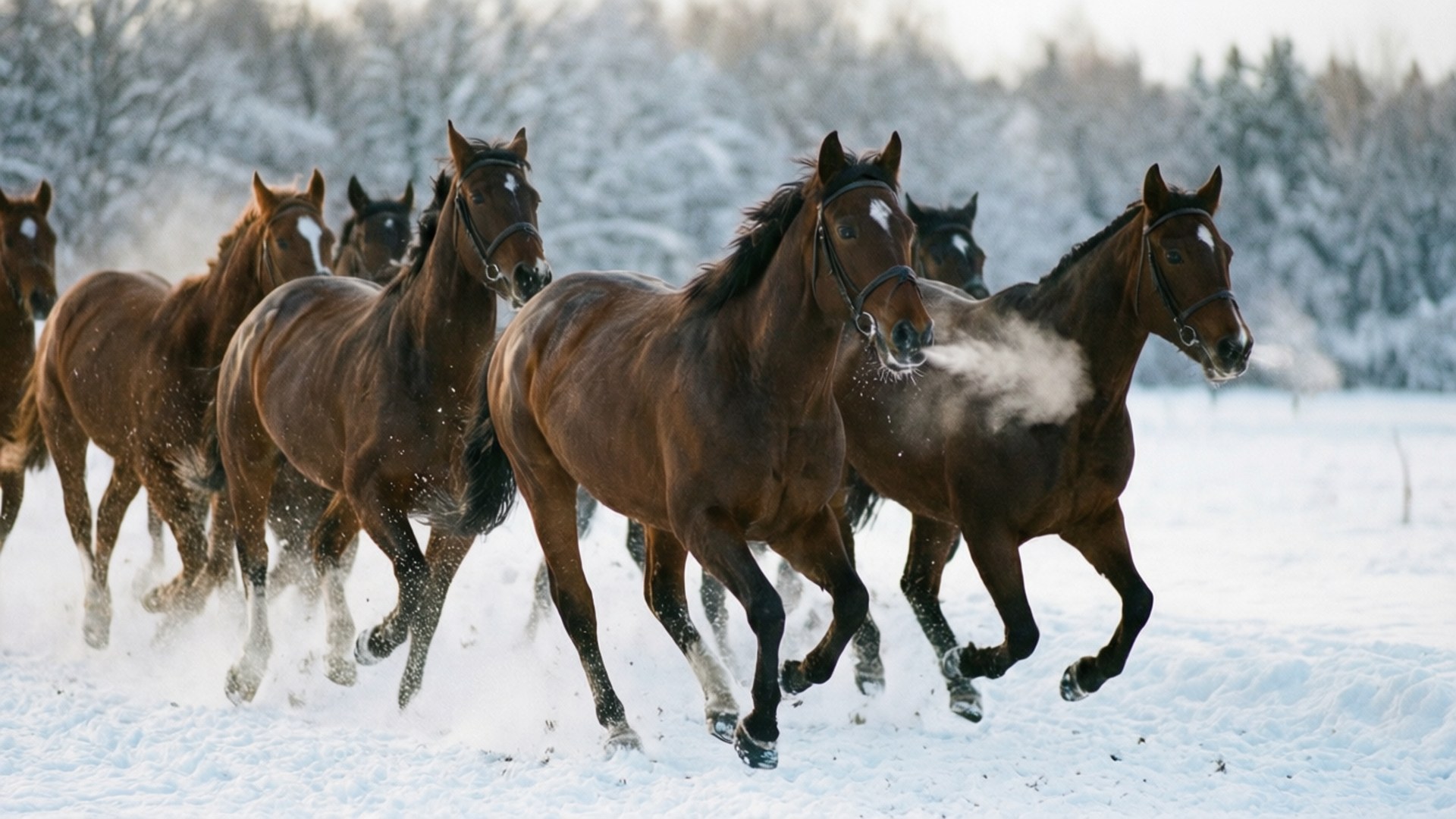 Snow Track Sprint 壁紙 — 一群棕色馬匹在深雪中奔馳，踢起雪花，背景是積雪的樹木。