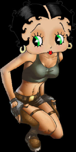 Clip Art 桌布 壁紙 — Q版 Betty Boop 自信地蹲著，身穿綠色上衣和棕色短褲，明亮的綠色眼睛和紅色嘴唇。