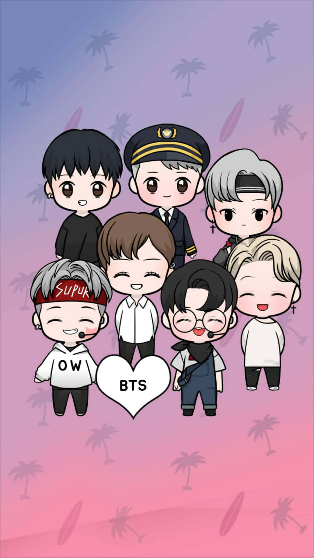 BTS 桌布 壁紙 — Q版BTS成員圍繞著帶有「BTS」文字的心形微笑，背景為粉紫漸變色和棕櫚樹剪影。