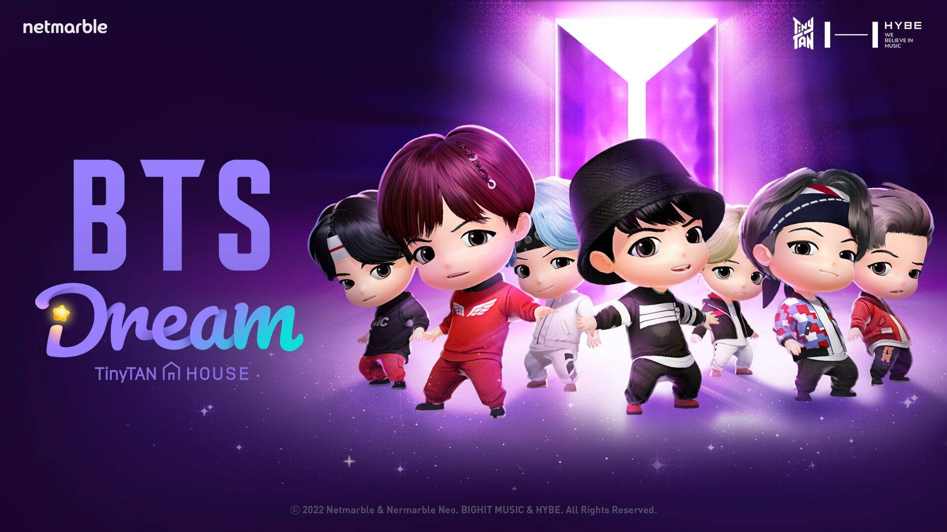 BTS 桌布 壁紙 — Q版BTS成員站在發光的紫色星域中，下方有明亮的Y形光線，並帶有「BTS Dream」文字。