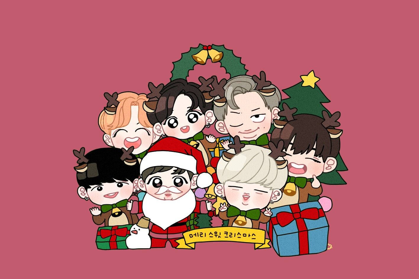 BTS 桌布 壁紙 — Q版K-pop偶像戴著馴鹿角，圍繞著聖誕老人，帶著禮物和聖誕樹，背景為純粉紅色。