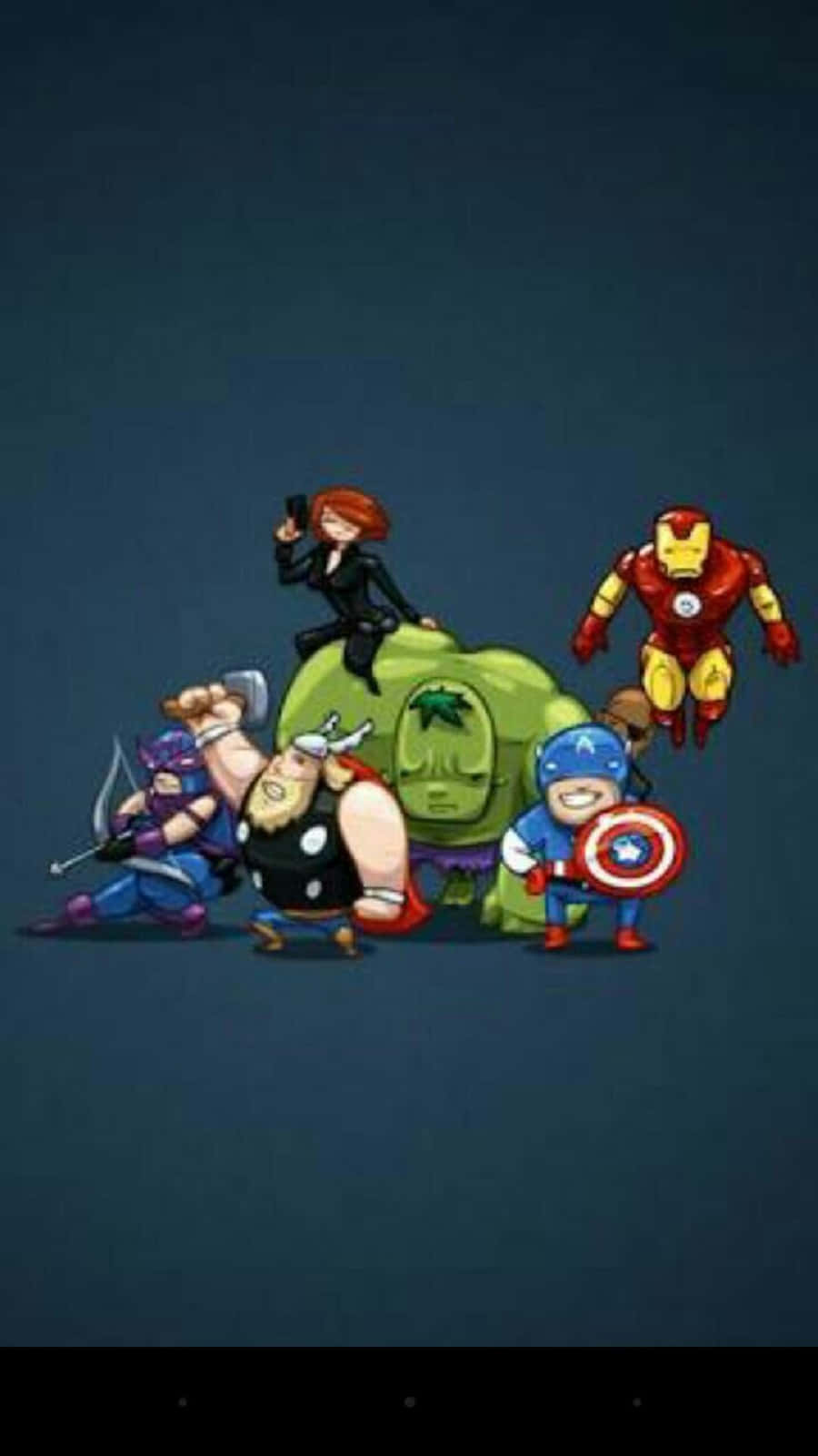 Earth's Mightiest Heroes 桌布 壁紙 — Q版Marvel超級英雄，包括浩克、索爾、黑寡婦、鋼鐵人和美國隊長，在深藍色背景前英勇地擺出姿勢。