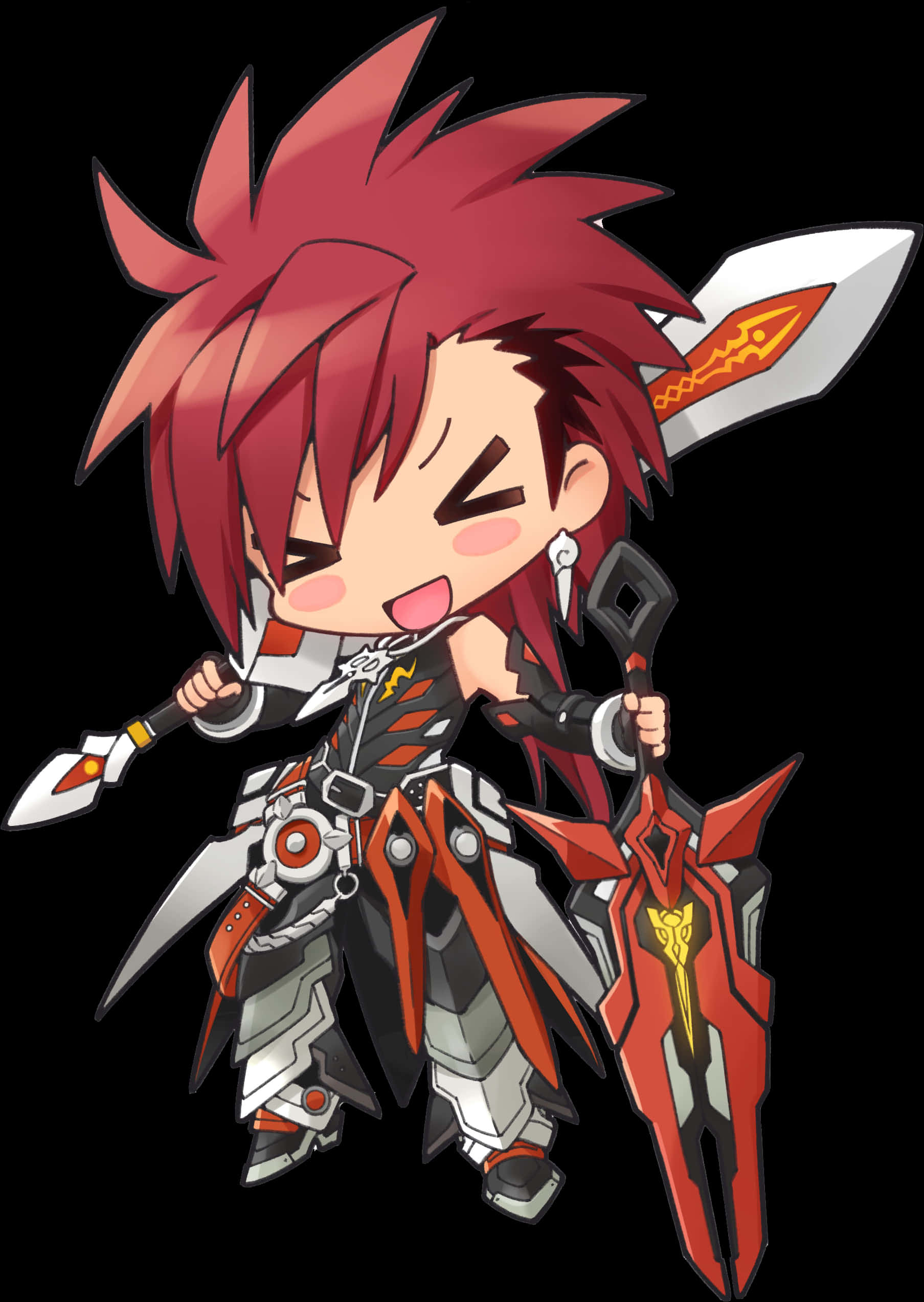 Anime Chibi 桌布 壁紙 — Q版動漫戰士，紅色刺蝟頭，手持雙劍和盾牌，黑色背景。