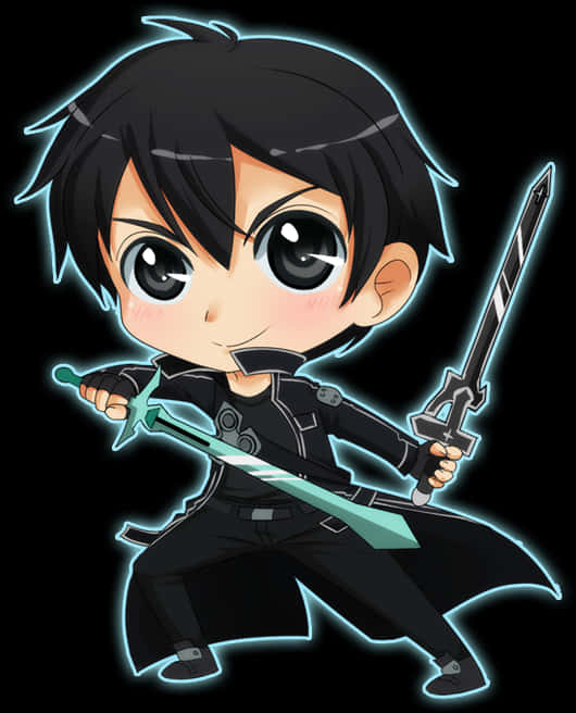 Anime Chibi 桌布 壁紙 — Q版動漫戰士帶有發光藍色輪廓，在黑色背景上揮舞兩把劍。