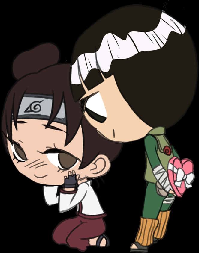 Anime Chibi 桌布 壁紙 — Q版動漫角色，一個害羞地跪著，另一個傾身拿著粉紅色心形，背景為黑色。