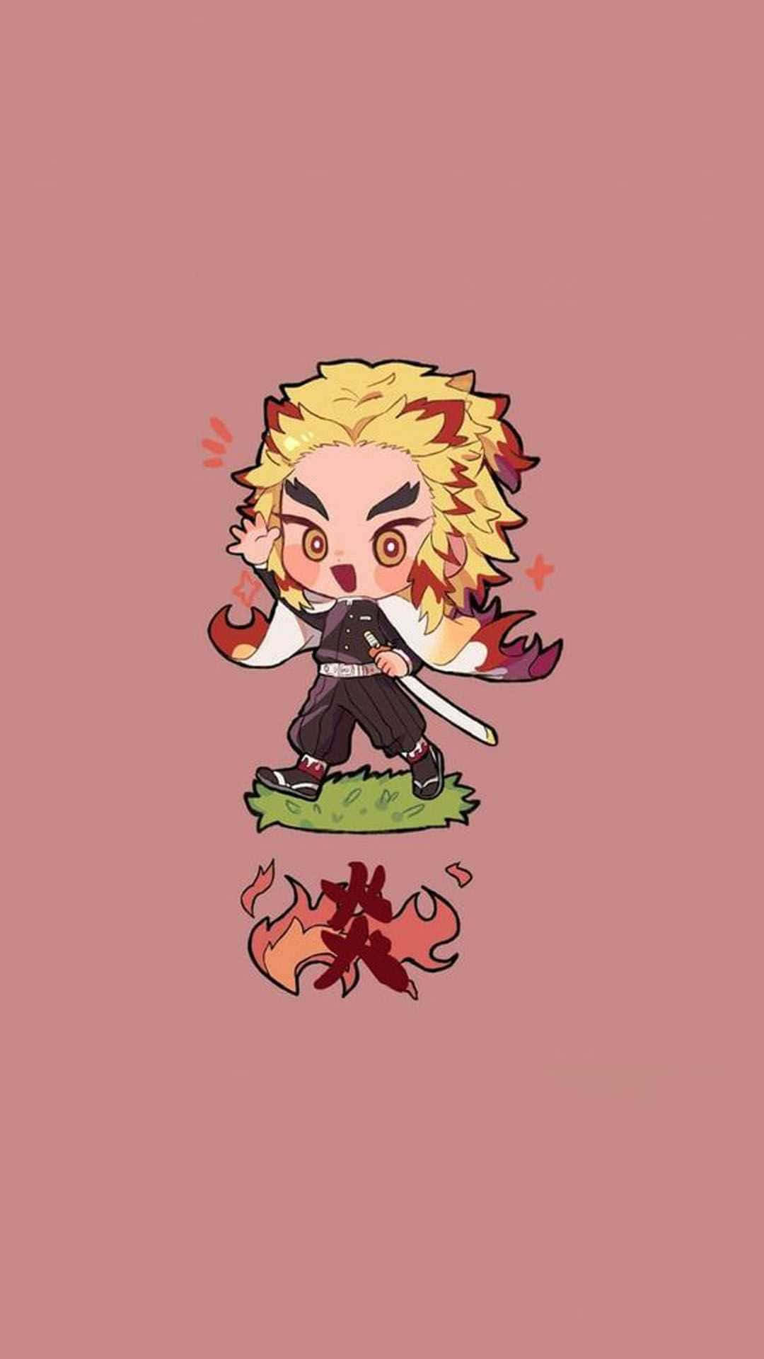 Rengoku Chibi 桌布 壁紙 — Q版動漫角色，金色尖刺頭髮，手持劍，站在草地上，背景為粉紅色。