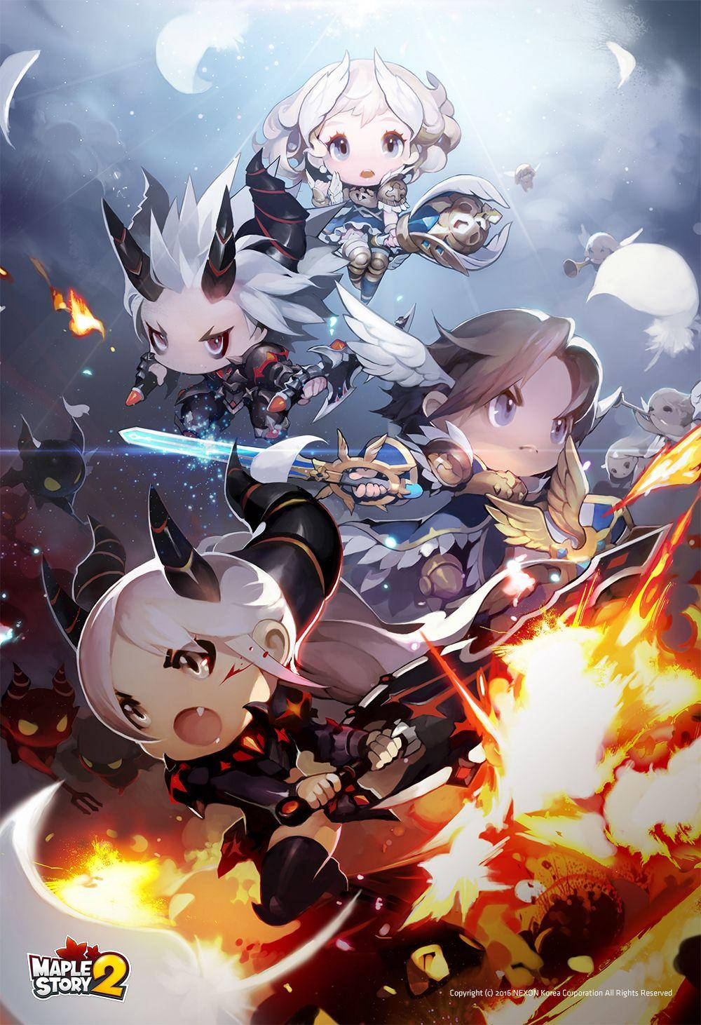 game 桌布 壁紙 — Q版動漫角色在月光下的天空中與火焰怪物戰鬥的動態動作場景。