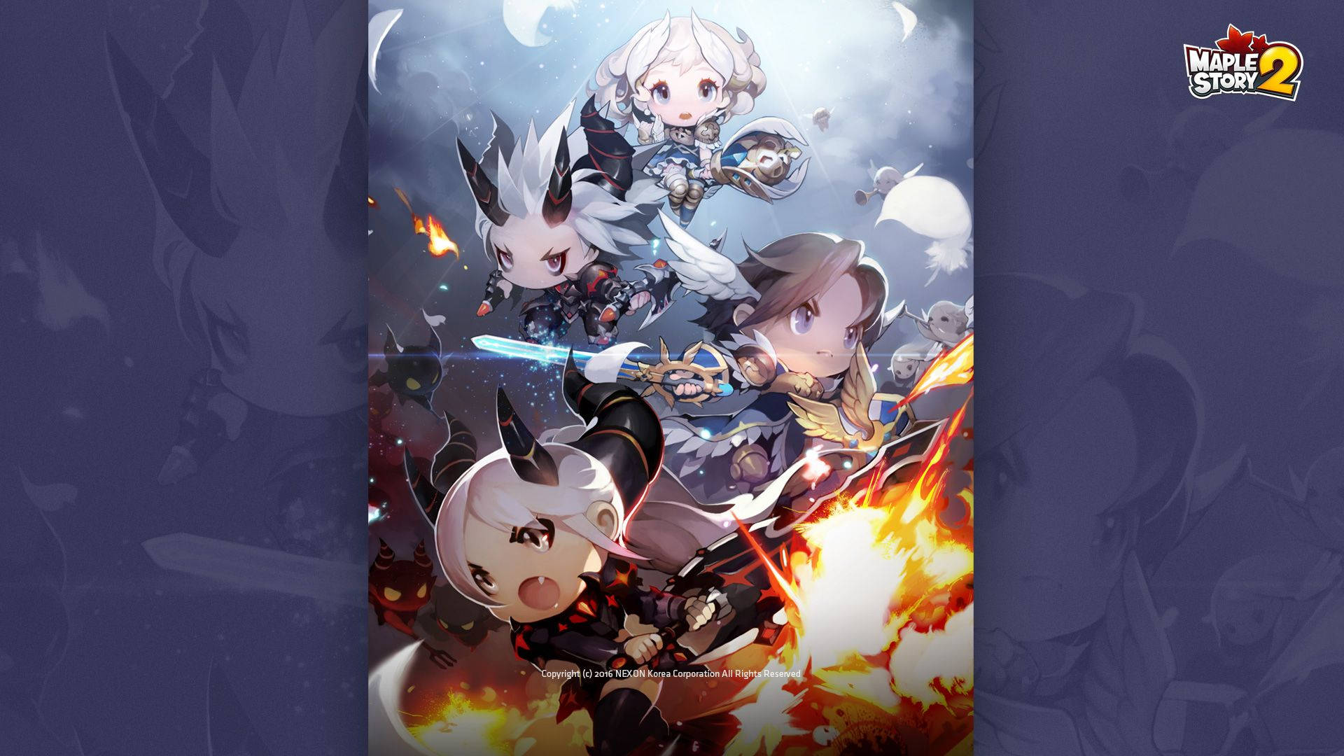 Maplestory 2 桌布 壁紙 — Q版動漫角色在火焰爆炸和浮動月亮中，用劍和魔法進行戰鬥的動態奇幻場景。