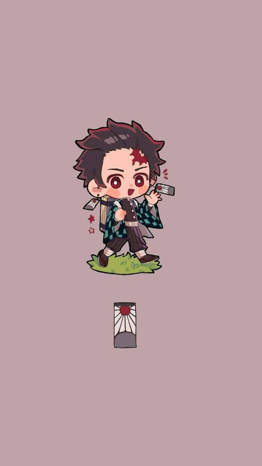 Demon Slayer Chibi 桌布 壁紙 — Q版動漫角色滿臉鮮血手持劍，站在草地上，背景為柔和粉紅色。