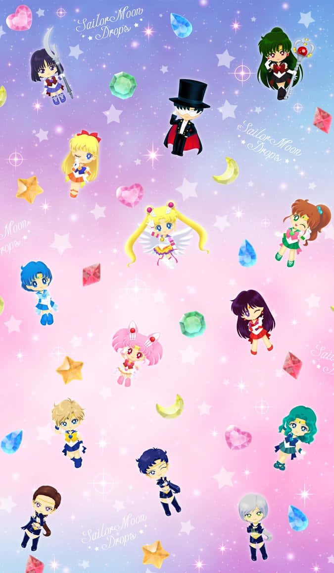 Sailor Moon Pattern 桌布 壁紙 — Q版動漫角色漂浮在閃爍的星星、寶石和月亮之間，背景是粉紫漸變色。