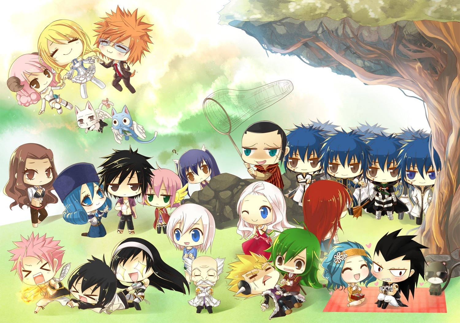 Fairy Tail Characters 桌布 壁紙 — Q版動漫角色聚集在一棵大樹下，身處明亮的戶外場景，表情俏皮，頭髮色彩繽紛。