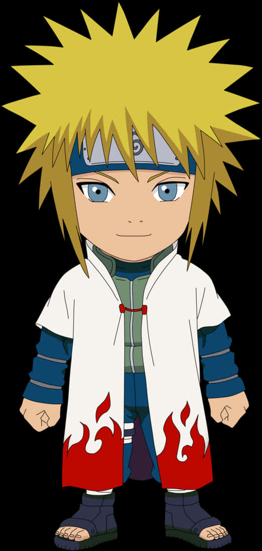 minato namikaze 桌布 壁紙 — Q版動漫角色鳴人，金色刺蝟頭，藍色眼睛，身穿白色帶紅色火焰圖案的外套。