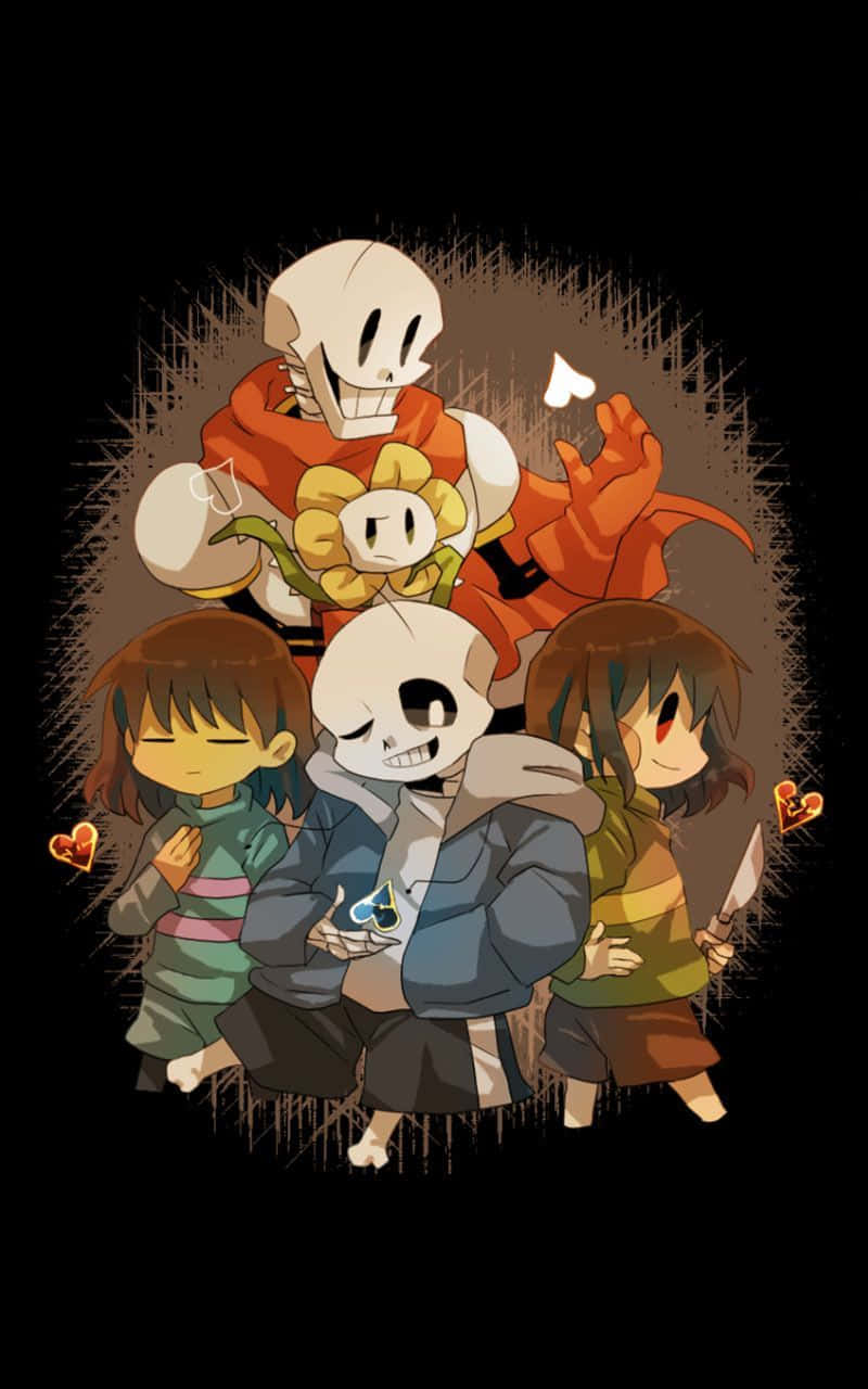 Undertale 桌布 壁紙 — Q版動畫角色，包括骷髏人物和一個花頭角色，在深色紋理背景上擠在一起。