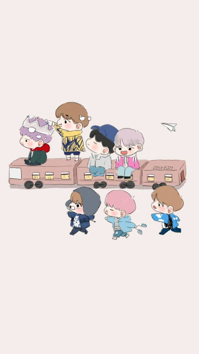 BTS 桌布 壁紙 — Q版卡通男孩們乘坐粉紅色火車，有些人在旁邊奔跑，背景是純米色。