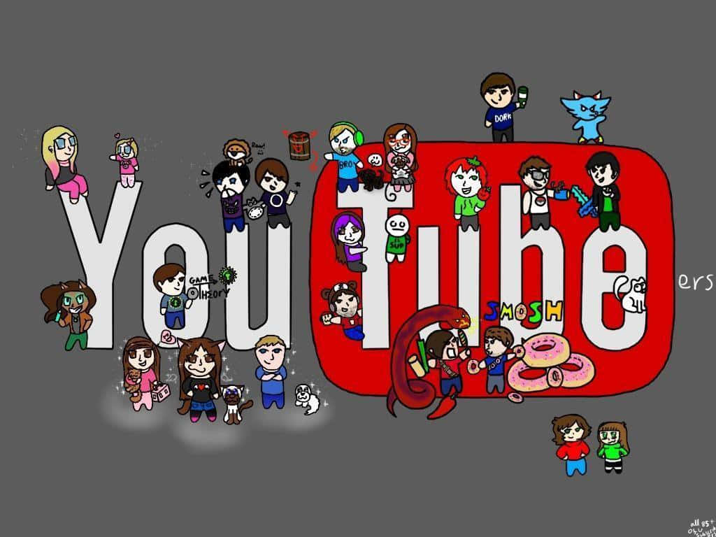 YouTube 標誌 桌布 壁紙 — Q版卡通角色圍繞著一個巨大的YouTube標誌，配有甜甜圈和一條蛇。