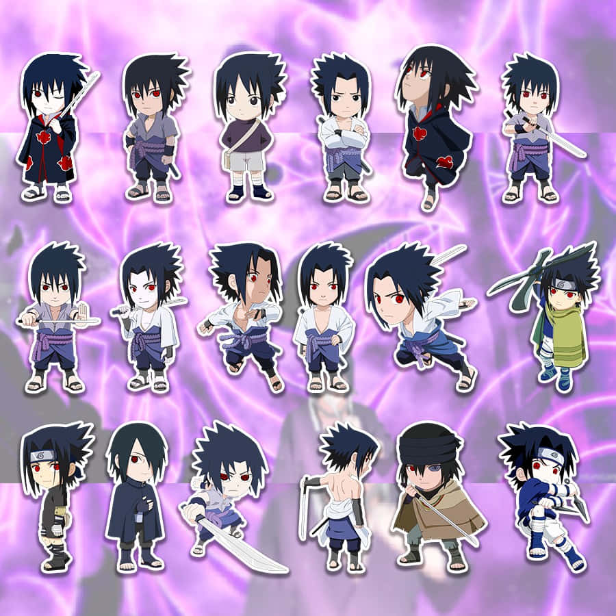 Sasuke 桌布 壁紙 — Q版宇智波佐助貼紙，以各種姿勢呈現在發光的紫色能量背景上。