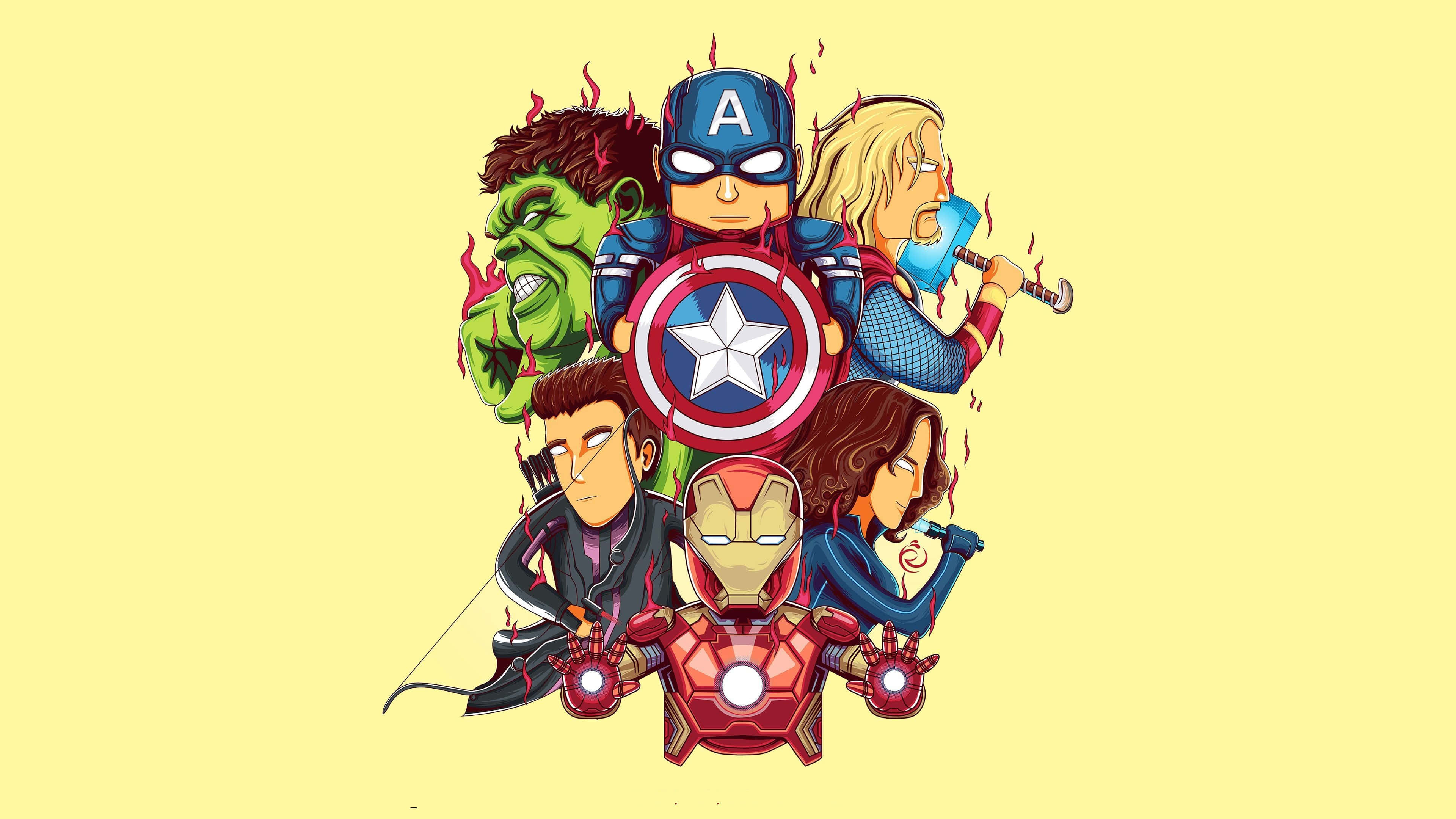 Earth's Mightiest Heroes 桌布 壁紙 — Q版復仇者聯盟團隊，美國隊長在中間舉盾，被浩克、索爾、鋼鐵人、黑寡婦、鷹眼和緋紅女巫圍繞，背景為淡黃色。