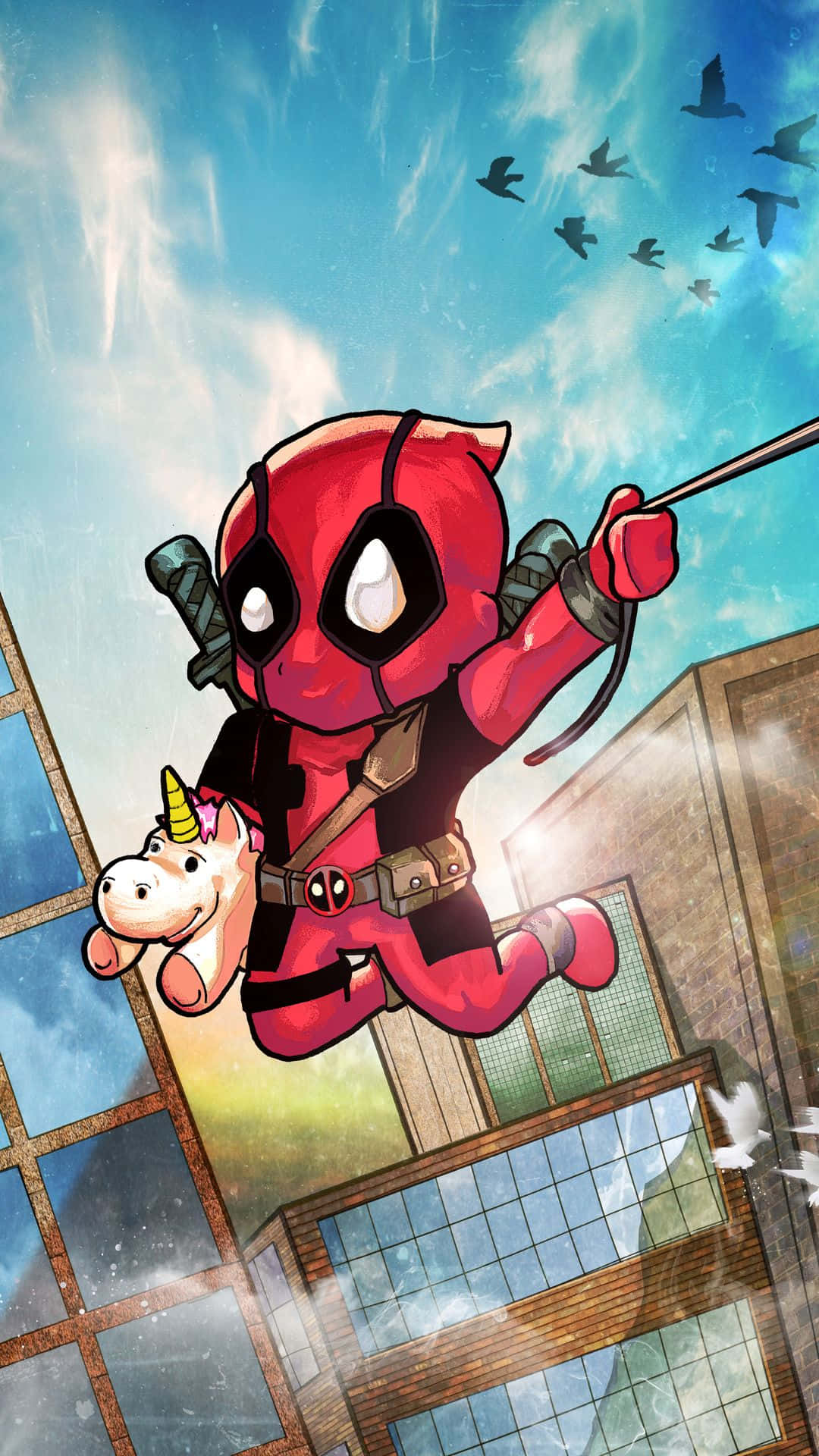 Deadpool Cartoon 桌布 壁紙 — Q版死侍穿過城市景觀，手持獨角獸毛絨玩具，背景是明亮的藍天和飛鳥。
