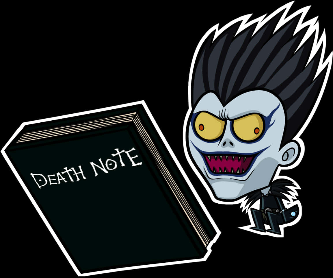 Death Note Ryuk 桌布 壁紙 — Q版死神路克，黑色刺蝟頭，黃色眼睛，在黑色背景前，在黑色死亡筆記本旁邊咧嘴而笑。