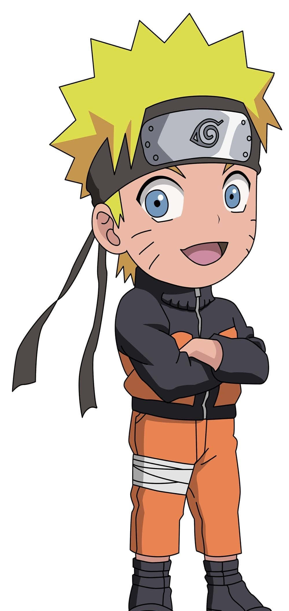Funny Naruto 桌布 壁紙 — Q版漩渦鳴人自信地交叉雙臂站立，身穿橙色連身衣和頭帶，背景為純白色。