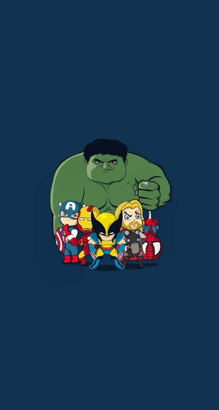 Earth's Mightiest Heroes 桌布 壁紙 — Q版漫威超級英雄，包括浩克、美國隊長、鋼鐵人、金鋼狼、索爾和蜘蛛人，一起站在深藍色背景前。