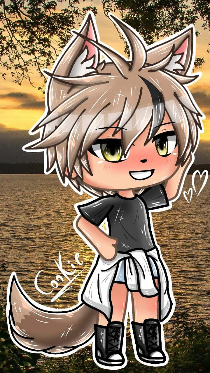 Cute Gacha Life Boy 桌布 壁紙 — Q版狼男孩，有尖刺頭髮和綠色眼睛，在日落湖邊微笑，穿著黑色襯衫和白色短褲。