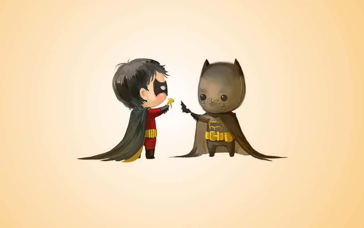 Batman Cartoon 桌布 壁紙 — Q版羅賓在溫暖的米色背景中向蝙蝠俠遞上一朵黃花。