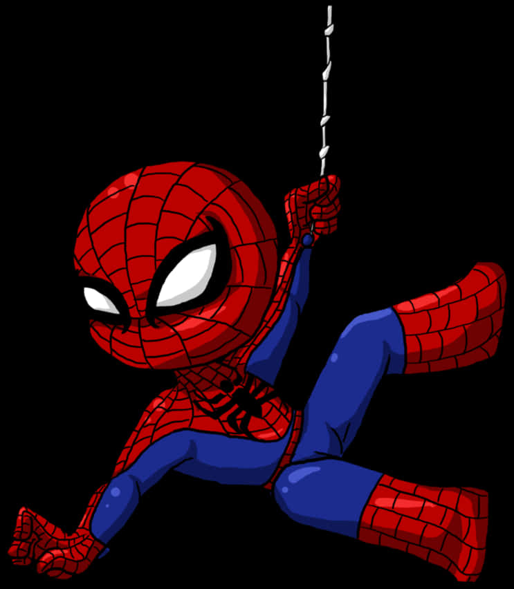Spiderman Web 桌布 壁紙 — Q版蜘蛛人在純黑背景上動態擺盪，睜大眼睛握著蛛絲。