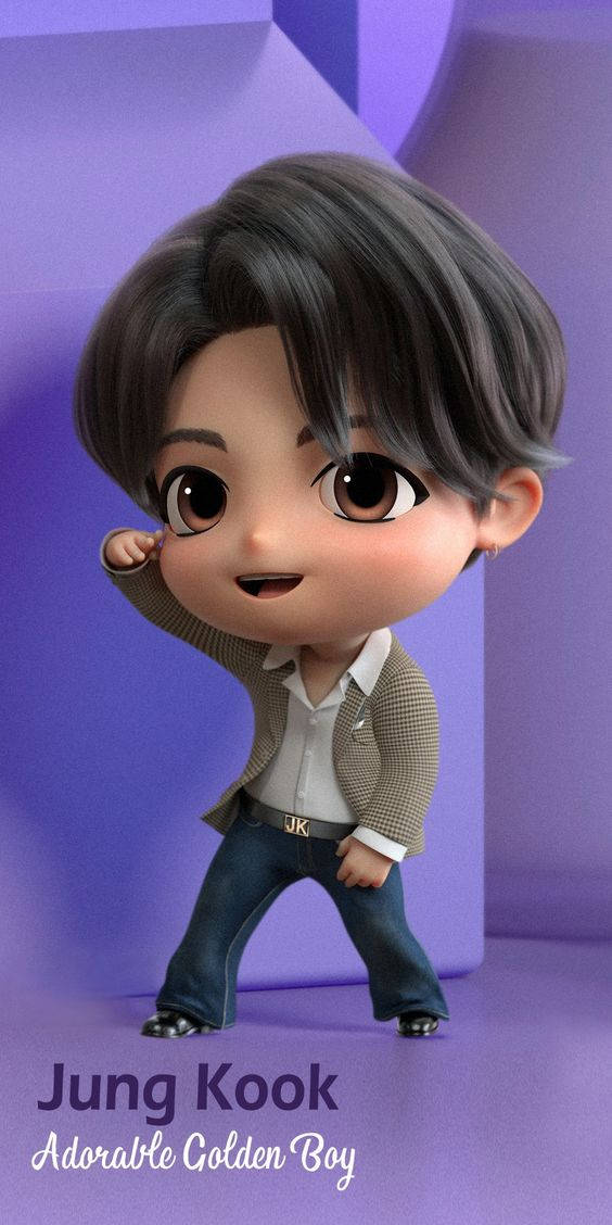 Tiny Tan Bts 桌布 壁紙 — Q版風格動畫Jung Kook穿著時尚服裝，在柔和的紫色幾何背景前開心地擺姿勢。