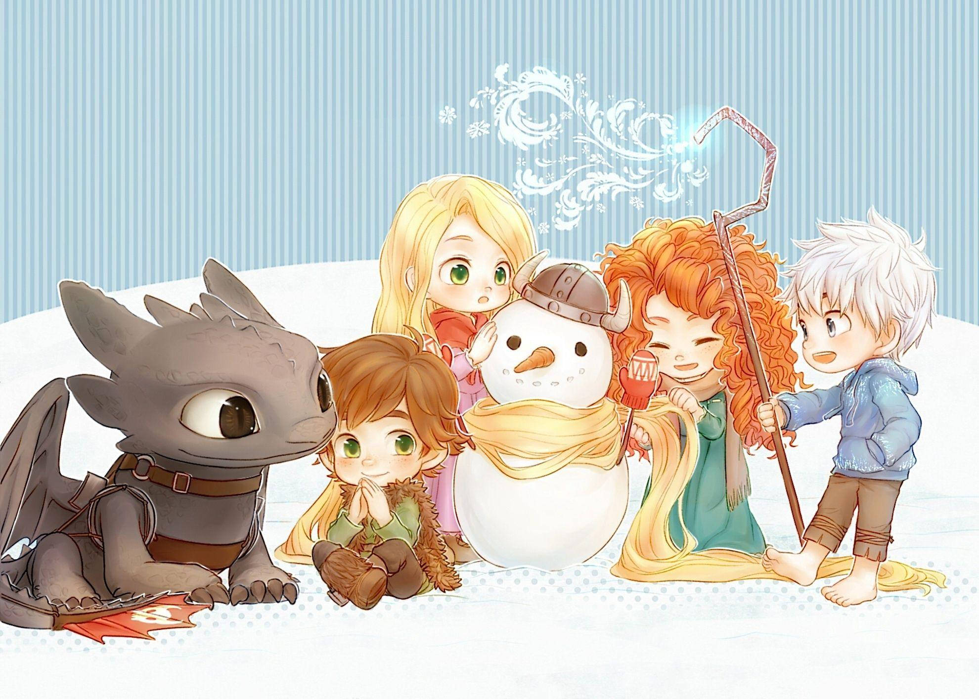 Disney Brave 桌布 壁紙 — Q版風格動畫角色，包括一條龍和公主們，在雪白的冬日場景中圍著雪人聚集。