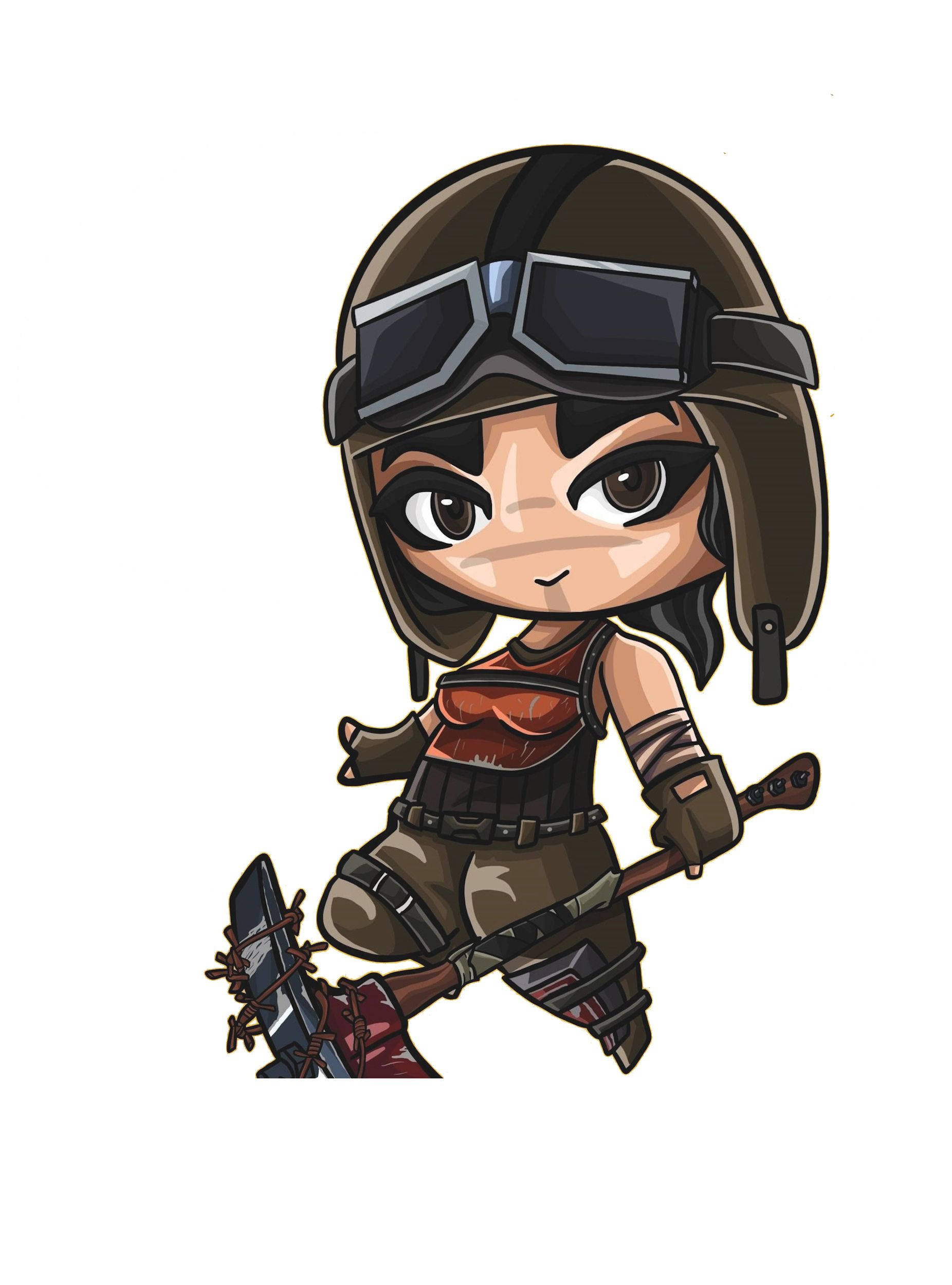 Renegade 桌布 壁紙 — Q版風格戰士少女，戴著棕色頭盔和護目鏡，手持劍和斧頭準備戰鬥。
