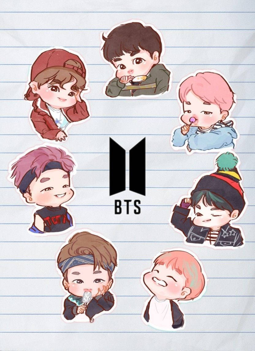 BTS成員以Q版貼紙形式出現在橫線紙上，附有標誌 — BTS 卡通 GIF 壁紙