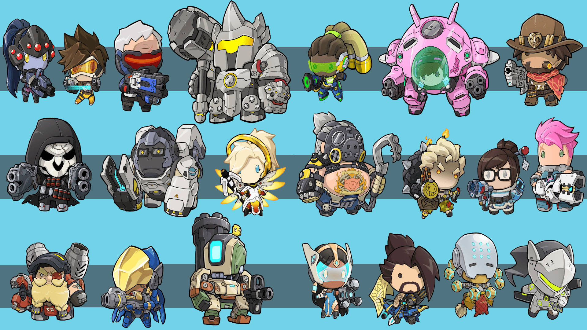 Q版動圖 桌布 壁紙 — Q版風格的Overwatch英雄和機器人排成三行，背景是藍色條紋。