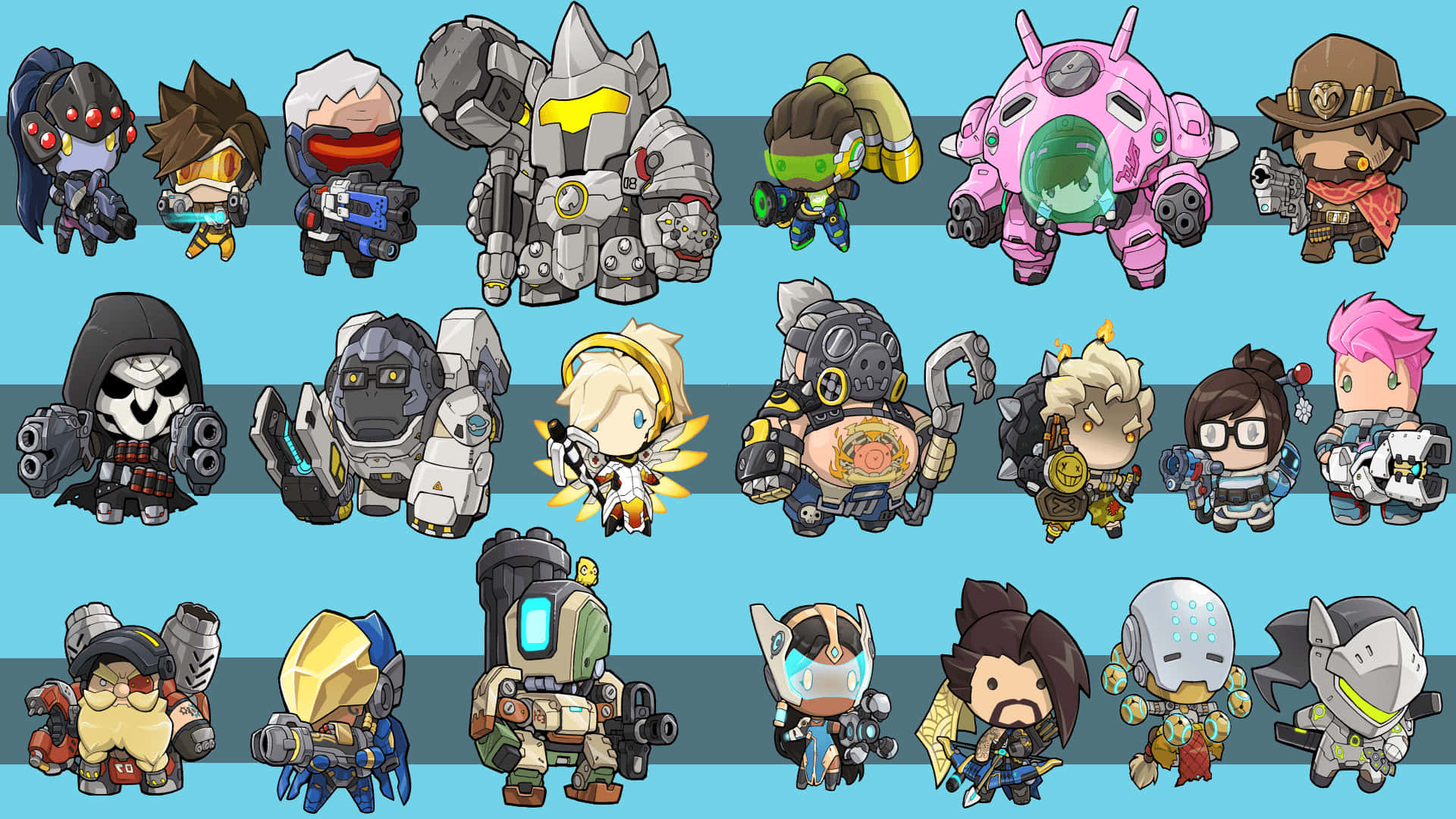 Q版動圖 桌布 壁紙 — Q版風格的Overwatch角色，在藍色條紋背景上擺出色彩繽紛、風格化的姿勢。