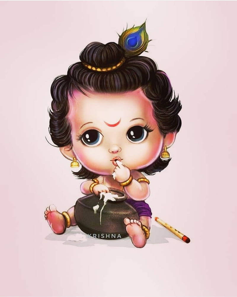 krishna phone 桌布 壁紙 — Q版風格的嬰兒克里希納，頭戴孔雀羽毛髮夾，坐在粉紅色背景上，從罐子裡啜飲牛奶。