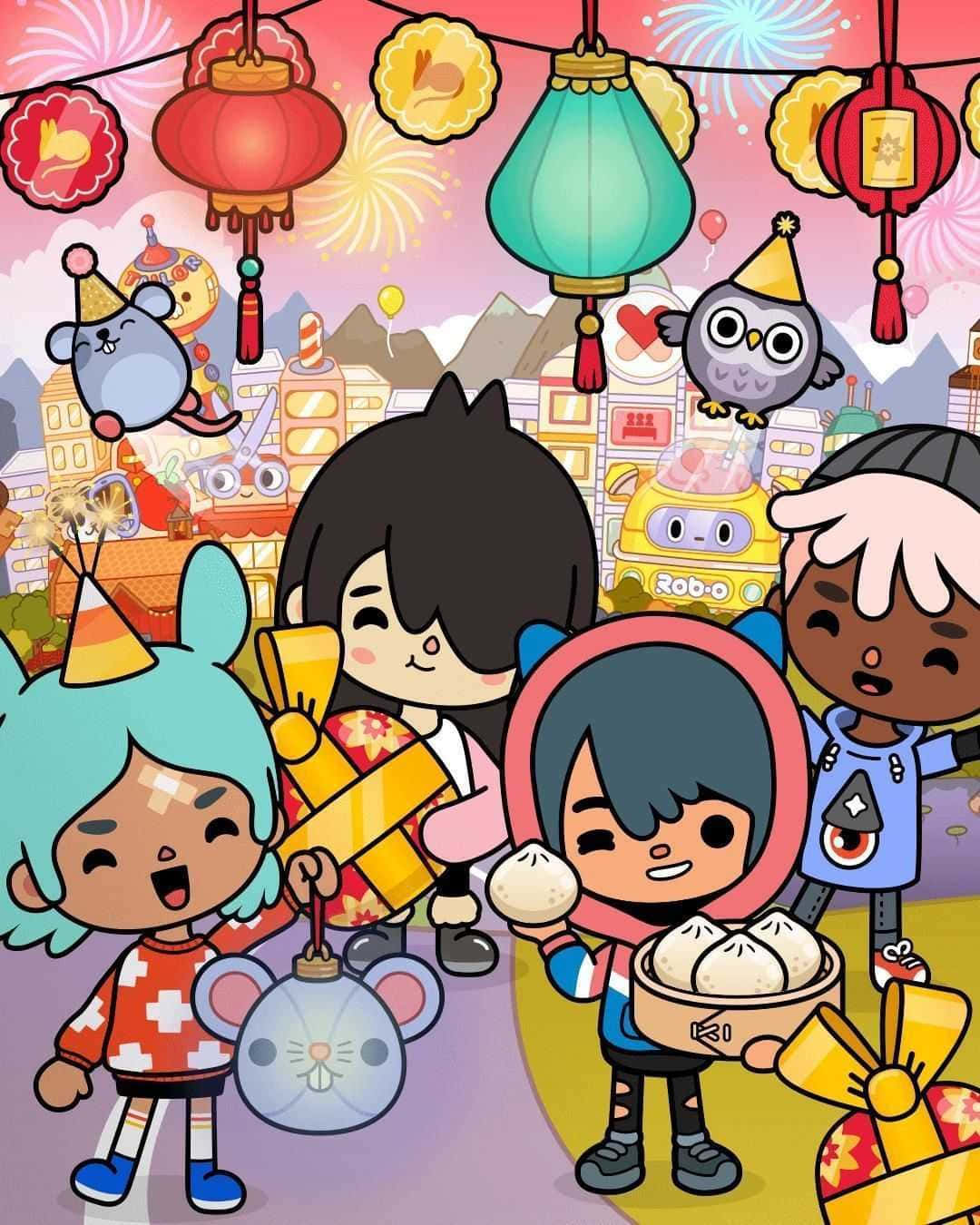 Aesthetic Toca Life 桌布 壁紙 — Q版風格的小朋友在節日城市背景下，用餃子、燈籠和煙火慶祝農曆新年。
