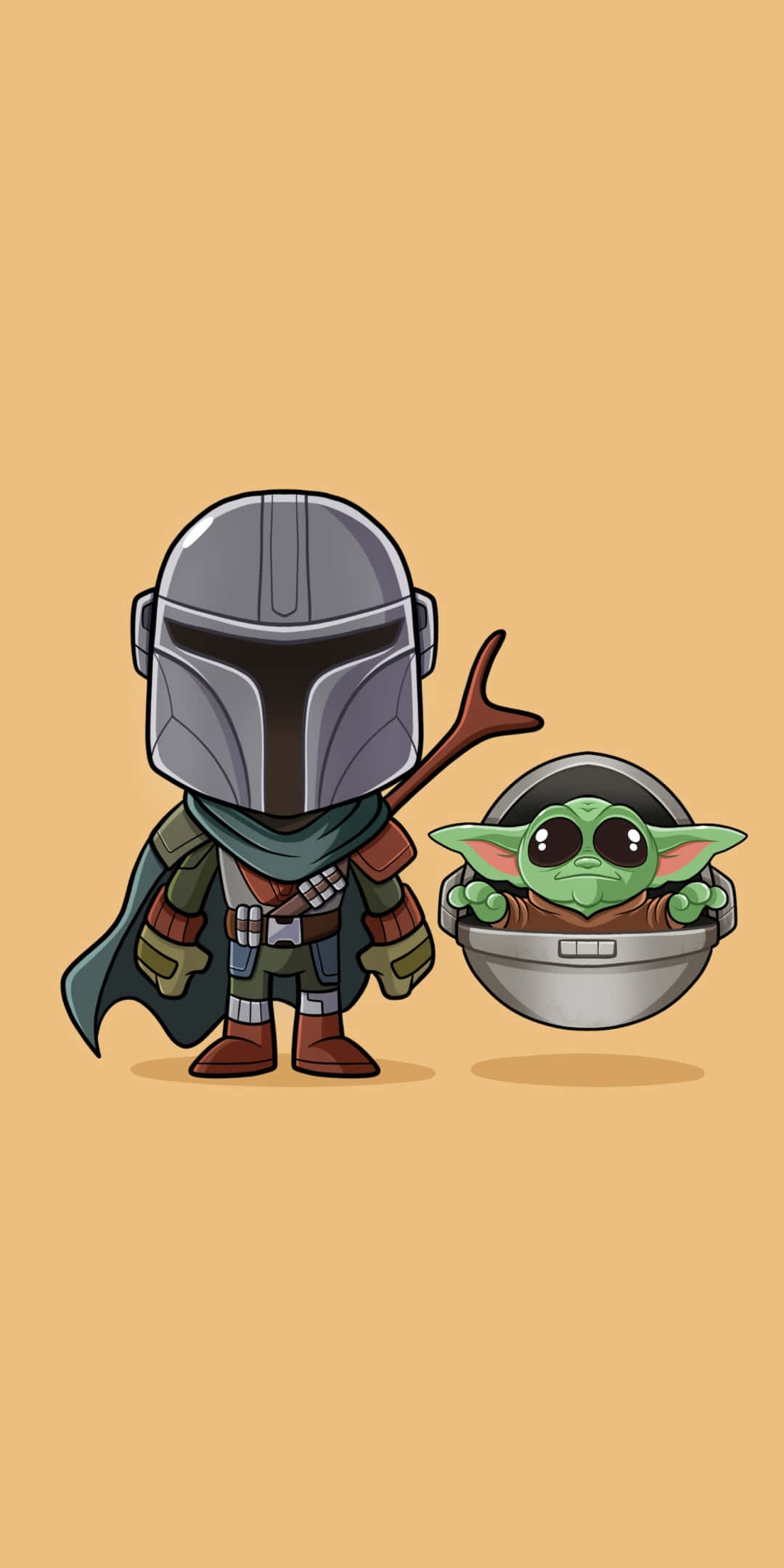 Baby Yoda Phone 桌布 壁紙 — Q版風格的曼達洛人與古古並肩站在純色棕褐色背景前。