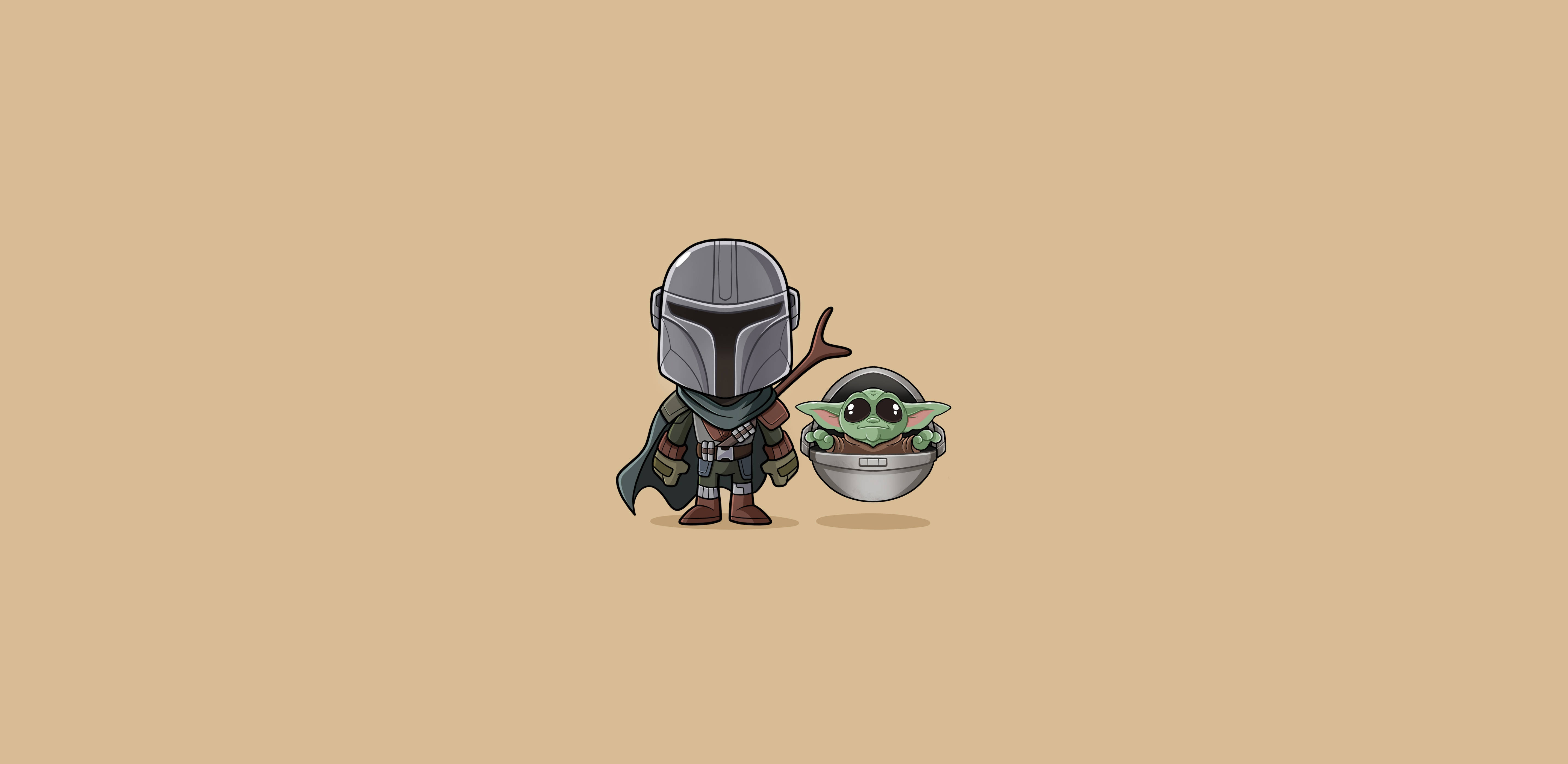 Mandalorian 桌布 壁紙 — Q版風格的曼達洛人與古古並肩站在純米色背景前。