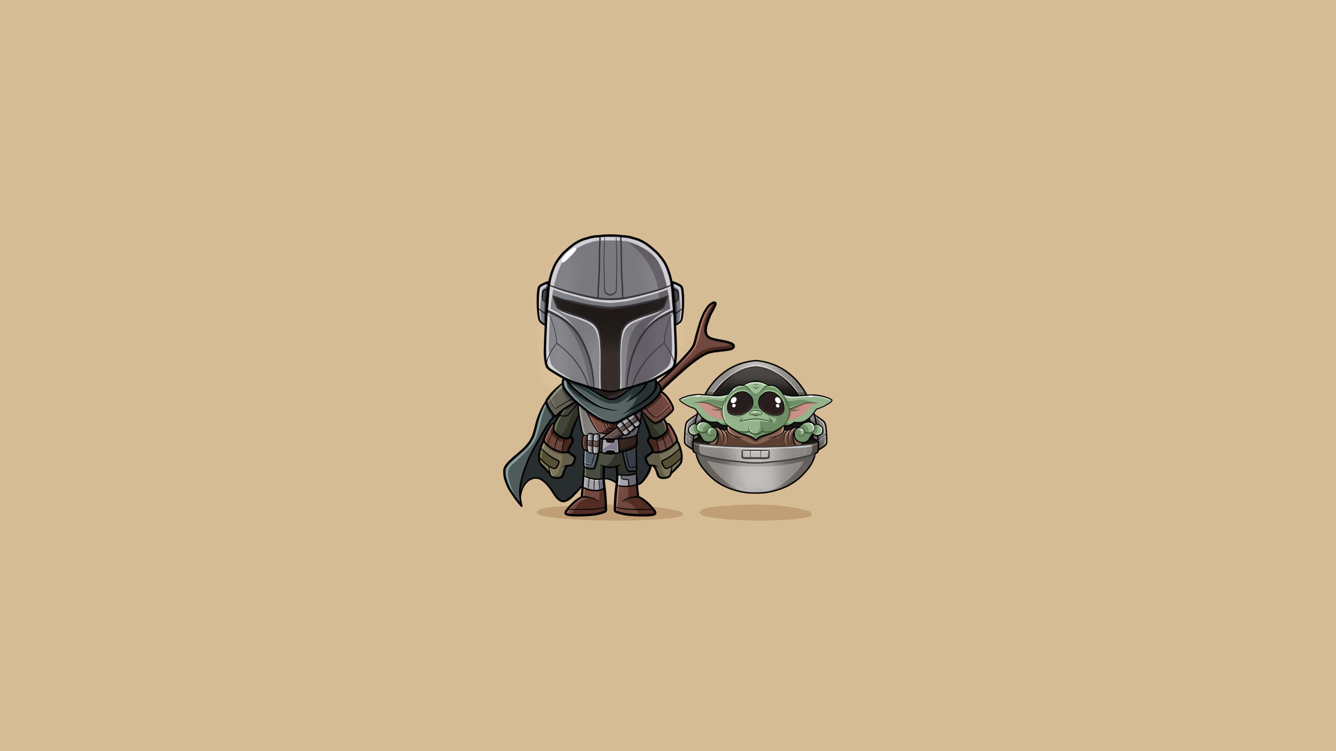 Baby Yoda Cartoon 桌布 壁紙 — Q版風格的曼達洛人與古古在純米色背景上以極簡數位插畫並肩站立。