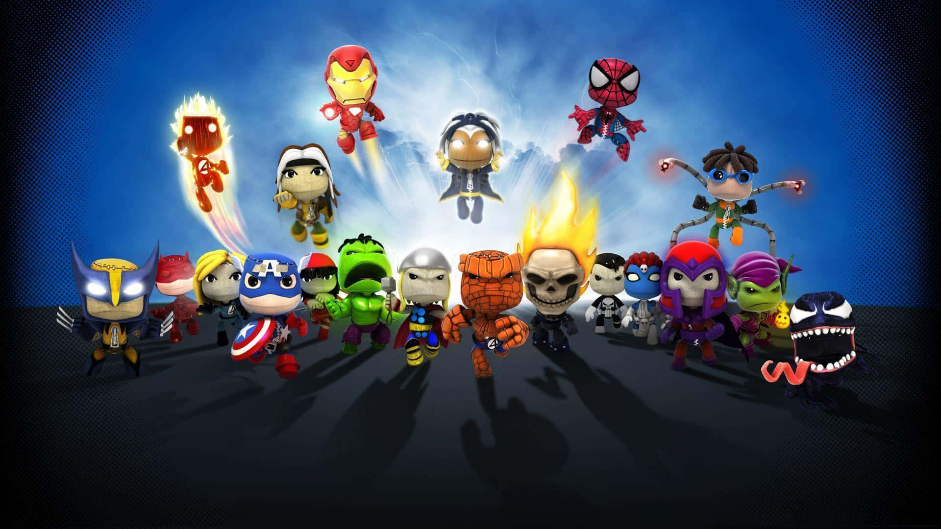 Animated Superhero Movies 桌布 壁紙 — Q版風格的漫威超級英雄和反派在深藍色天空背景下動態擺姿勢，帶有發光效果。