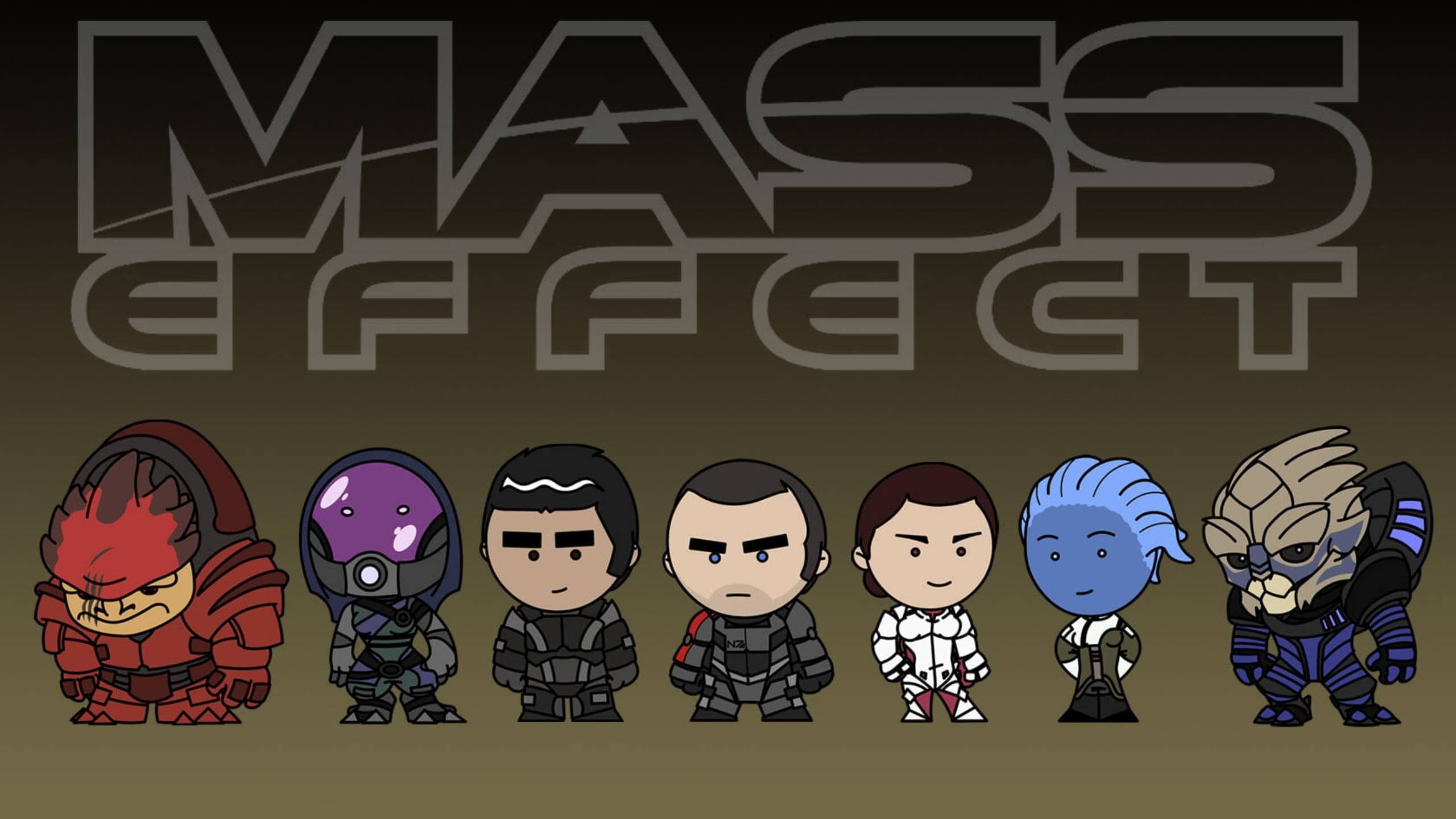 Mass Effect 桌布 壁紙 — Q版風格的質量效應角色在遊戲標誌下方排成一排，背景為深色漸變。
