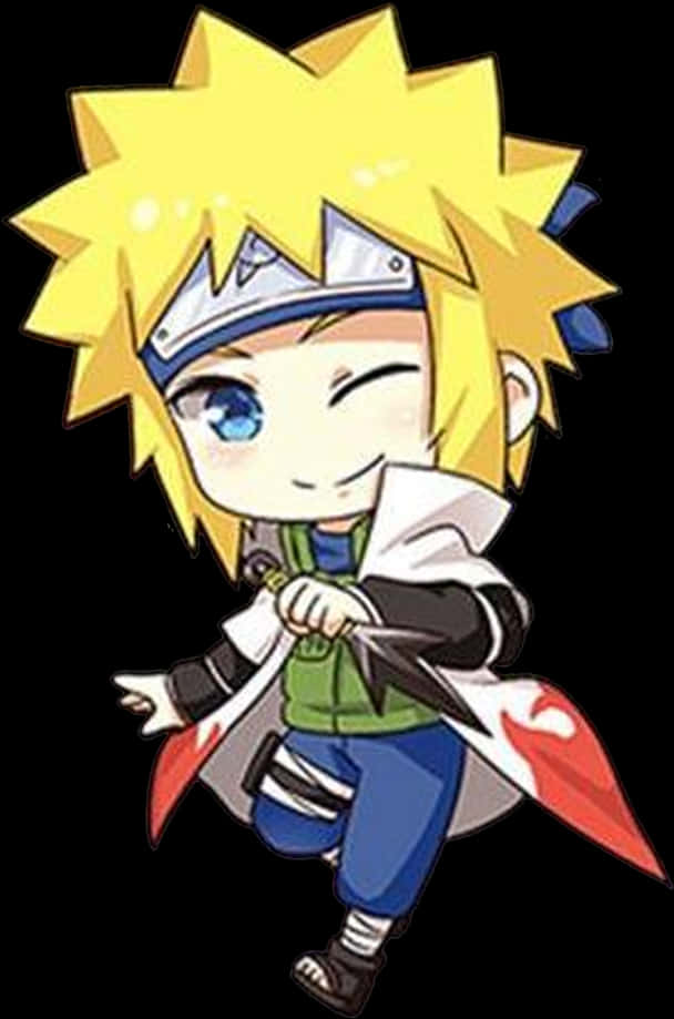 minato namikaze 桌布 壁紙 — Q版鳴人，金色刺蝟頭，藍色眼睛，手持苦無，擺出動感姿勢，單眼眨眼。